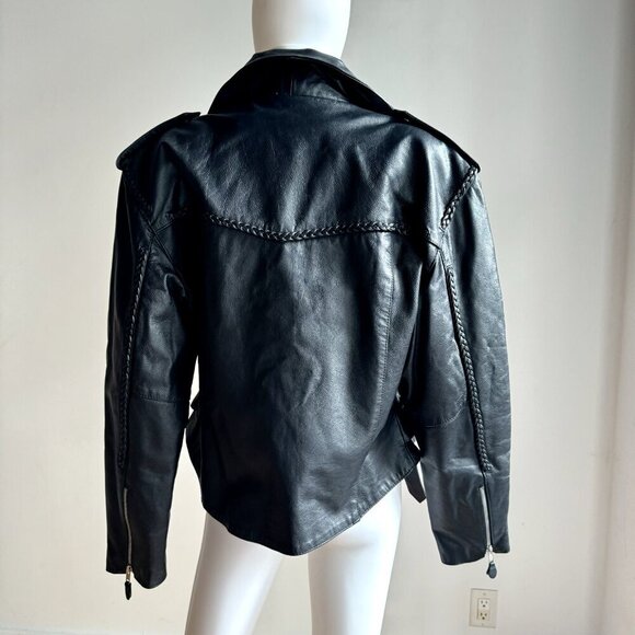 Vintage Black Leather Braided Detail Motorcycle Jacket M/L - Picture 7 of 10